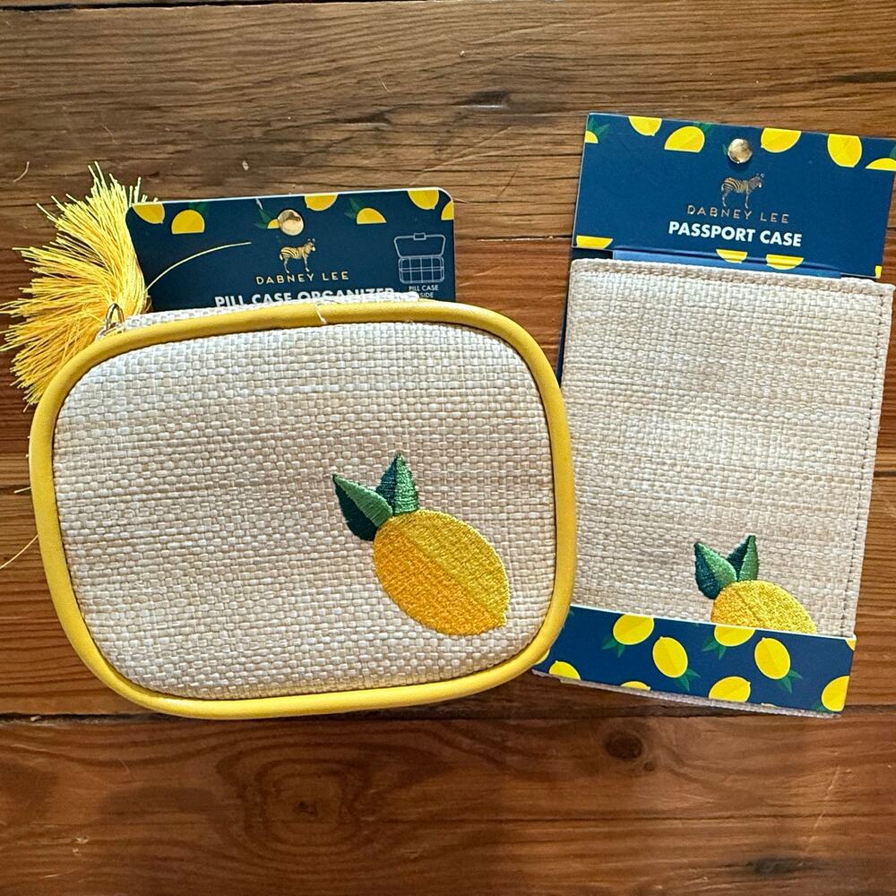 Dabney Lee Embroidered Lemon Straw Pill Case & Passport Travel Gift Set NWT